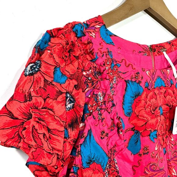 NWT Free People Yara Floral Mini Dress Rose Flowy Flutter Sleeves Pocket M - Picture 6 of 12
